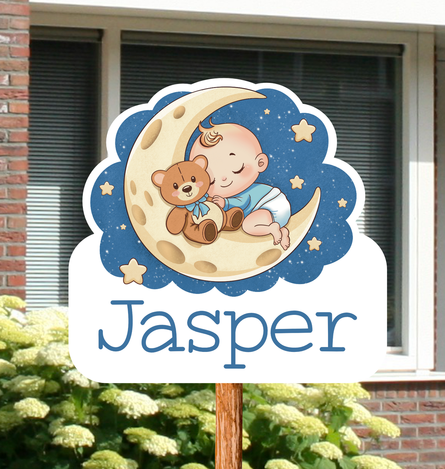 Geboortebord voor in de tuin van een baby met teddy beer gepersonaliseerd met naam.