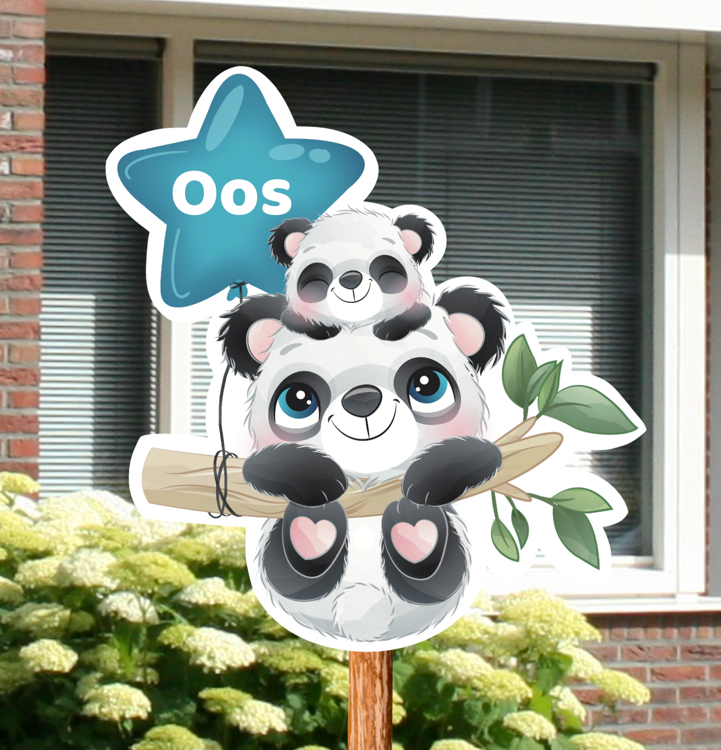 Geboortebord voor in de tuin van een panda met babypanda. Gepersonaliseerd met naam.