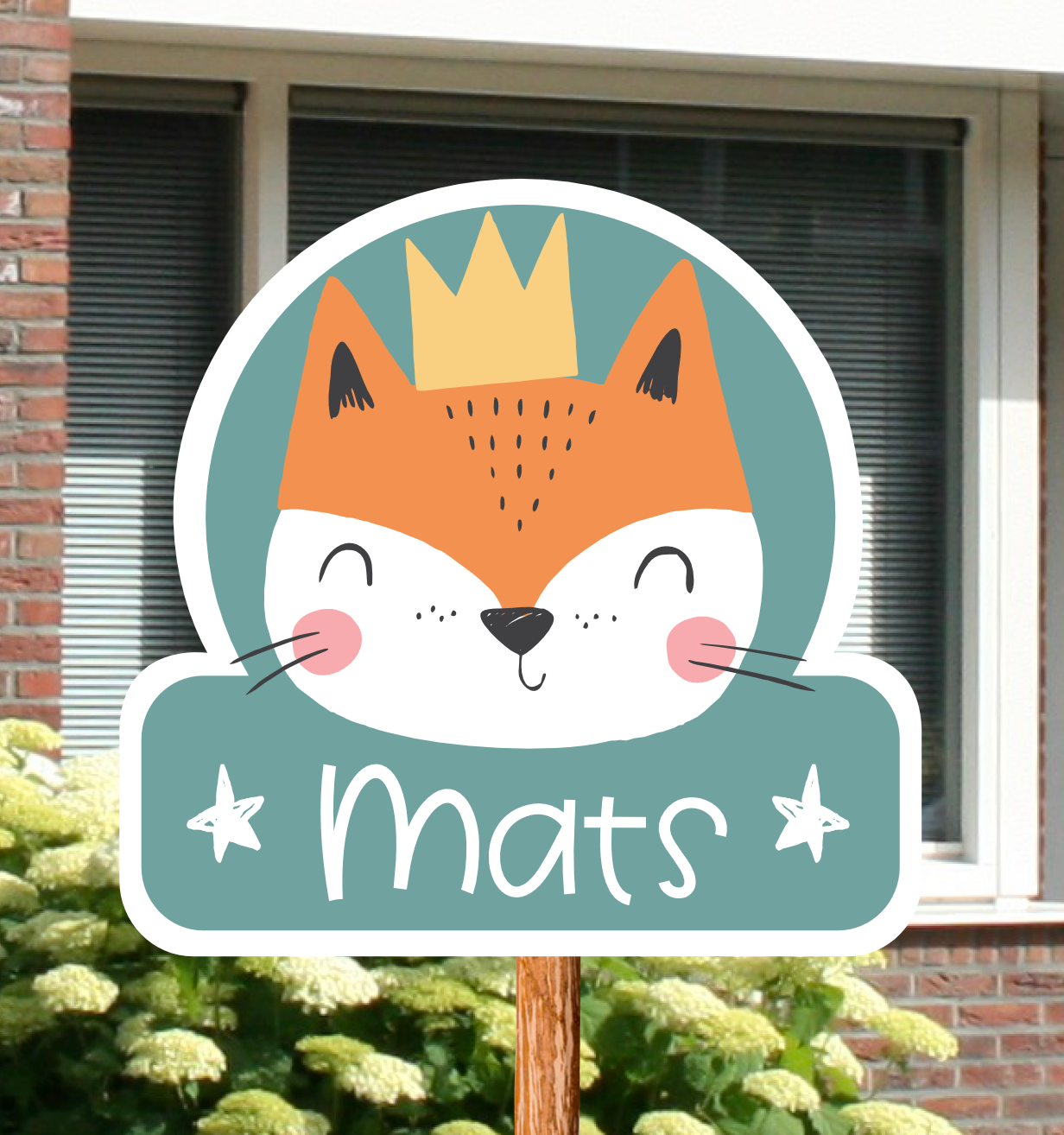Geboortebord voor in de tuin met een schattig vosje, gepersonaliseerd met naam.
