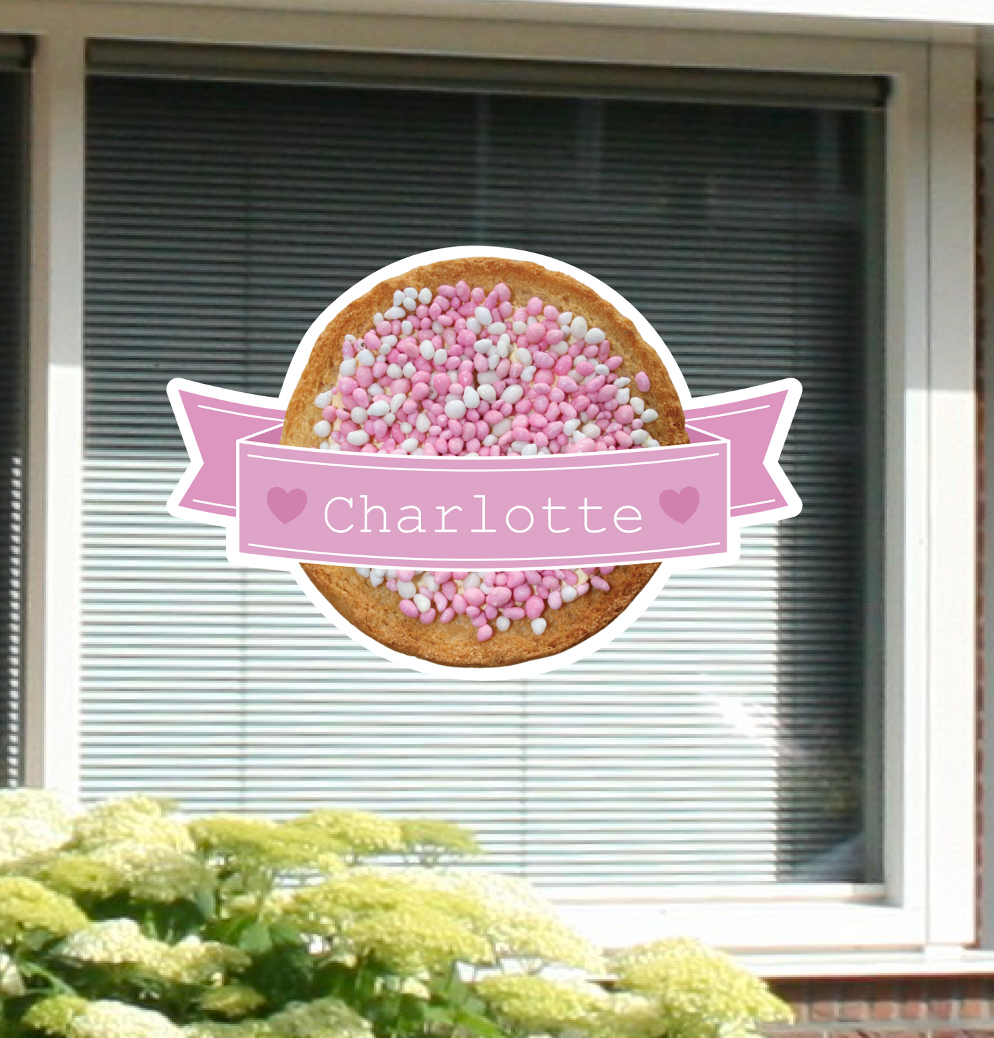Geboortesticker van beschuit met muisjes, gepersonaliseerd met naam
