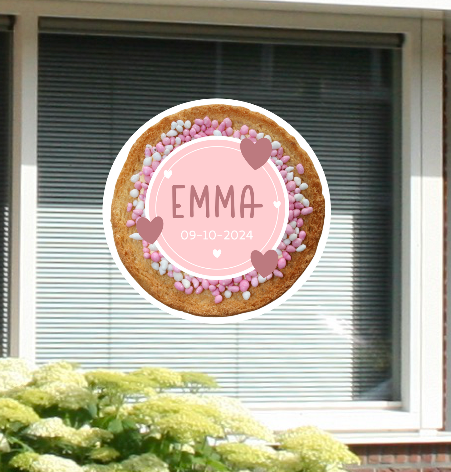 Geboortesticker van beschuit met muisjes gepersonaliseerd met naam en geboortedatum, voor de geboorte van een meisje.