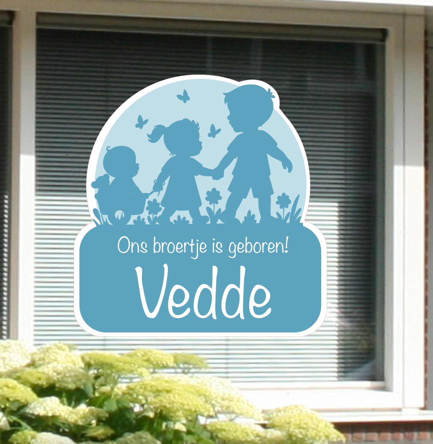 Geboortesticker met naam silhouet van een broer, zusje, broertje
