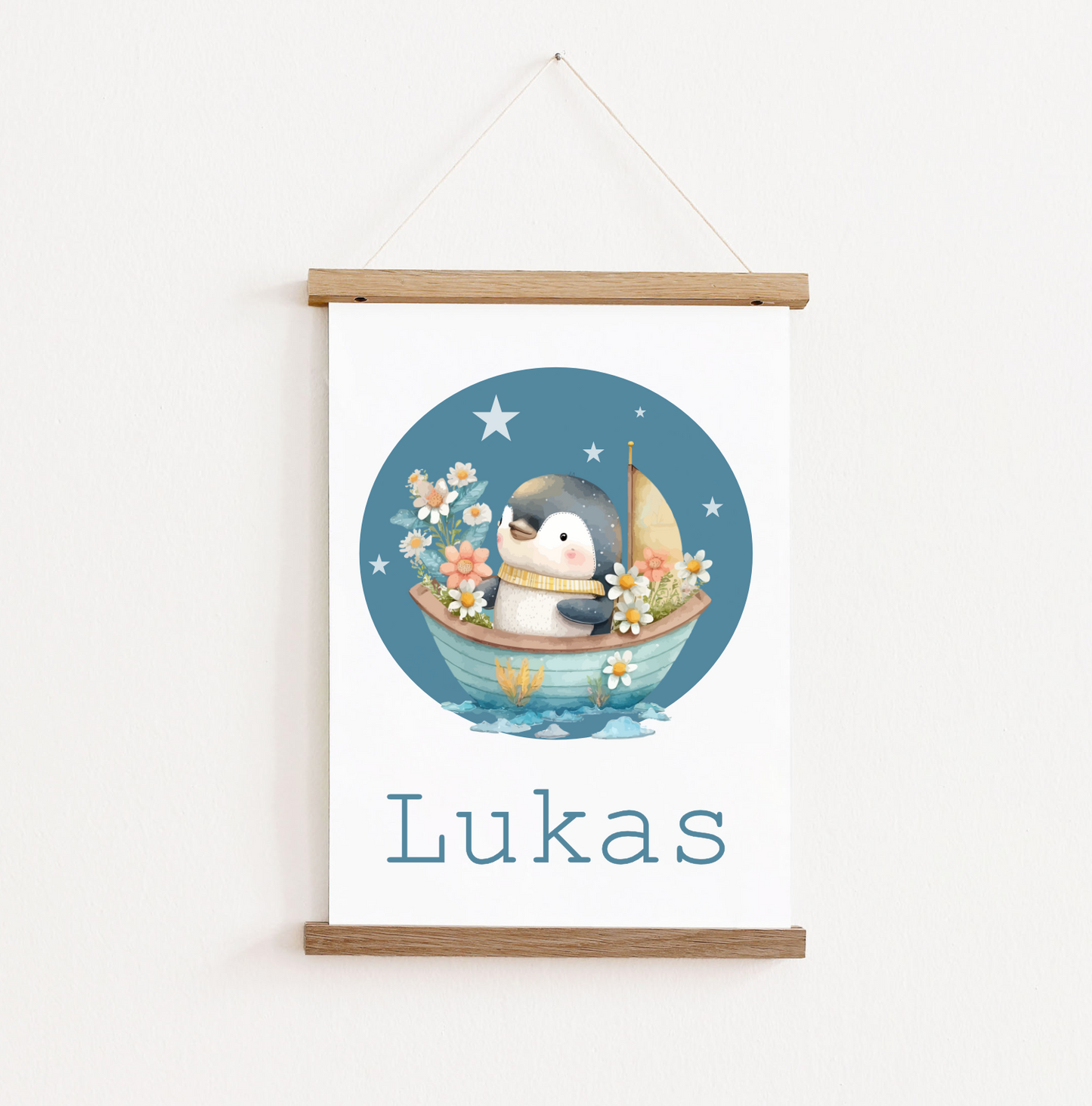 Poster met posterhangers met naam en afbeelding van een pinguin