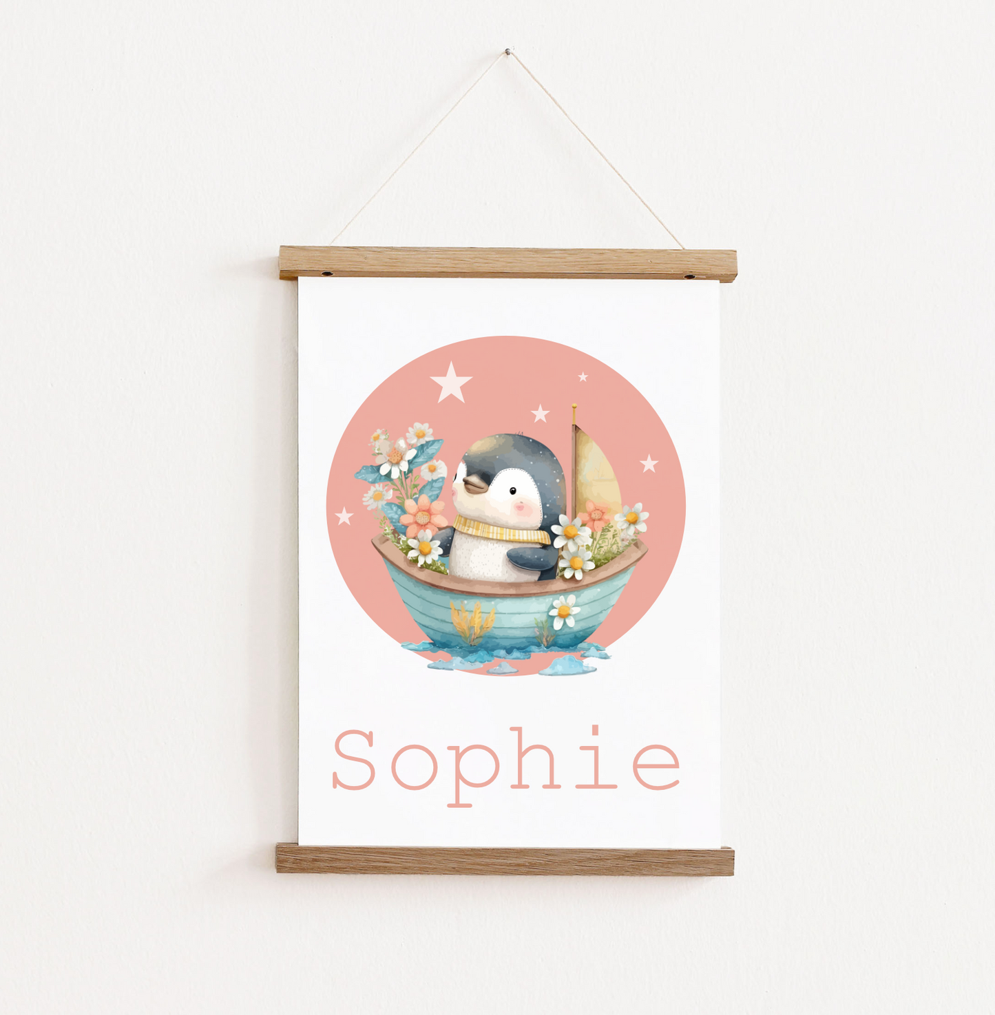 Poster met posterhangers met naam en afbeelding van een pinguin