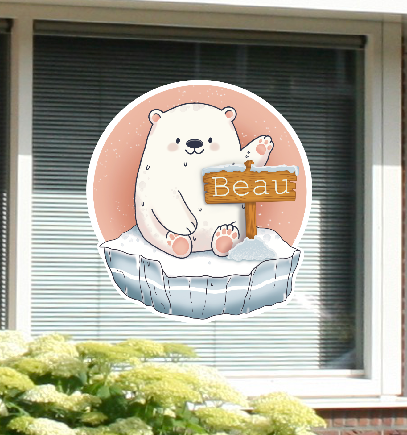 Geboortesticker met naam en de illustratie van een ijsbeer.