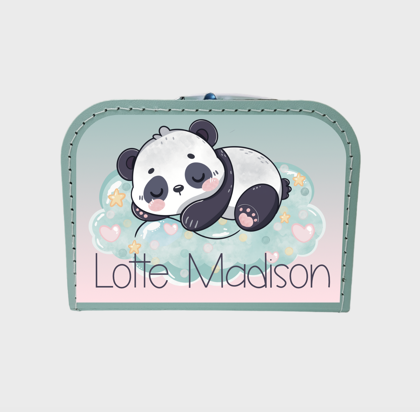 Geboortekoffertje met een panda en naam.