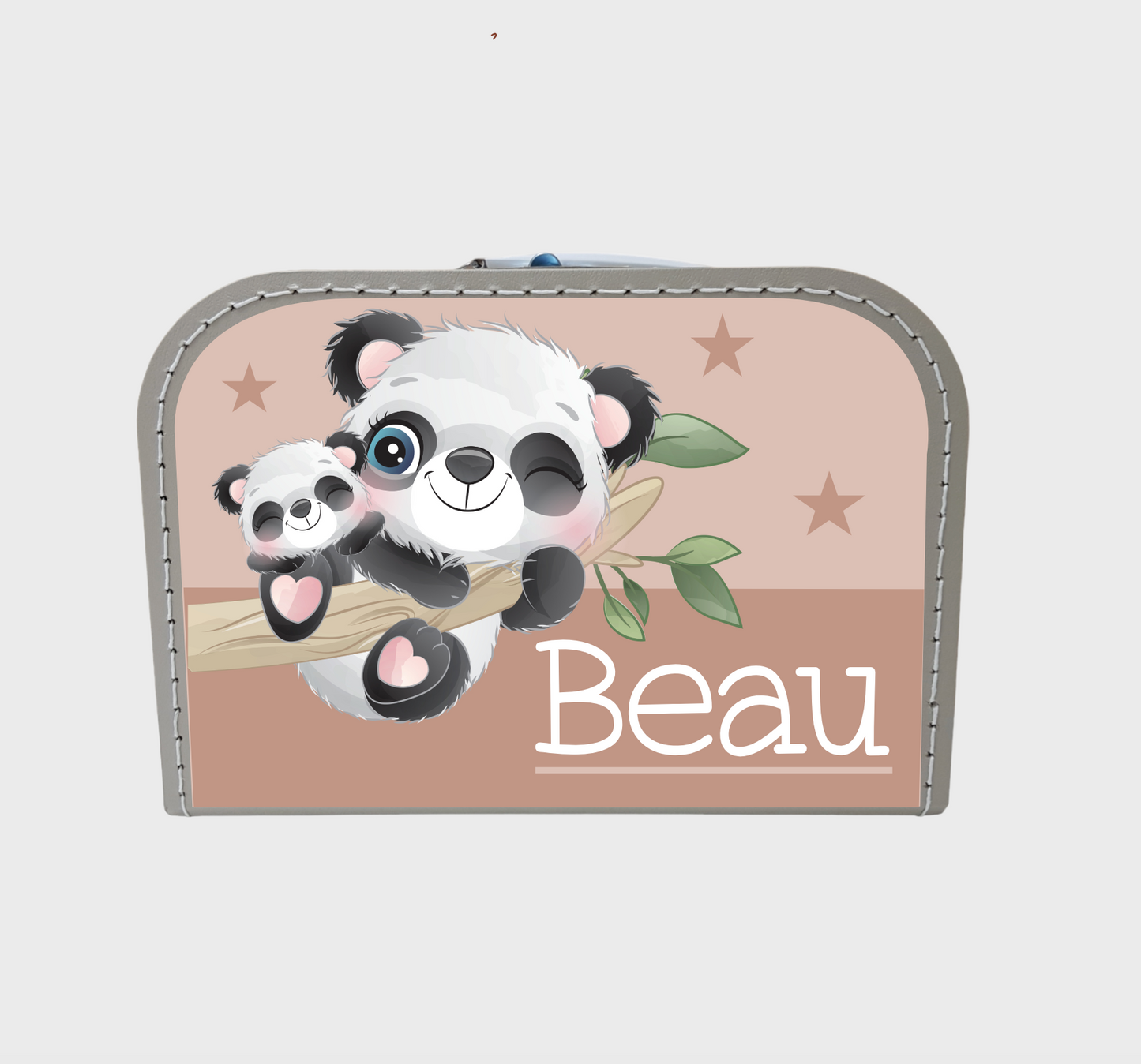 Geboortekoffertje met naam en de afbeelding van een panda met ballon Het koffertje is in de kleur beige.
