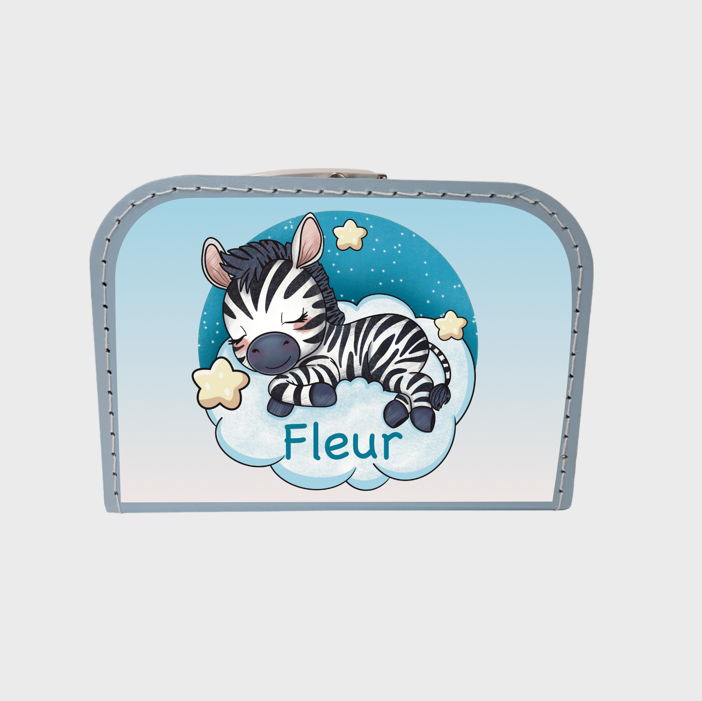 Geboortekoffertje met naam en afbeelding van een zebra.