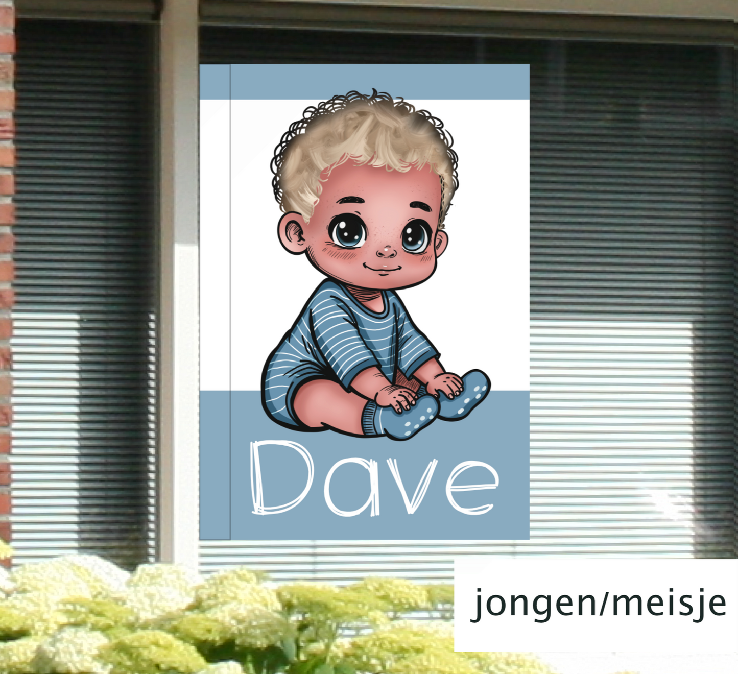 Geboortebord voor op het raam met naam en de illustratie van een blanke baby