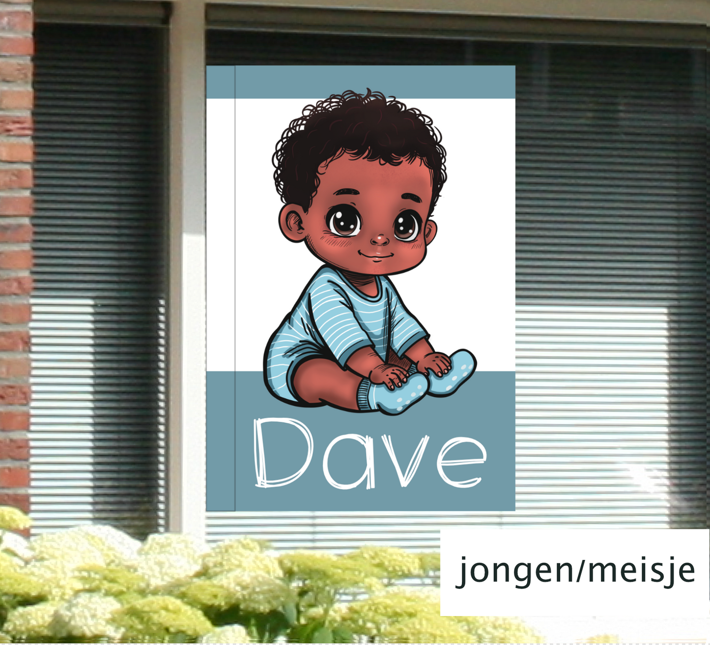 Geboortebord voor op het raam met naam en de illustratie van een bruine baby een jongen