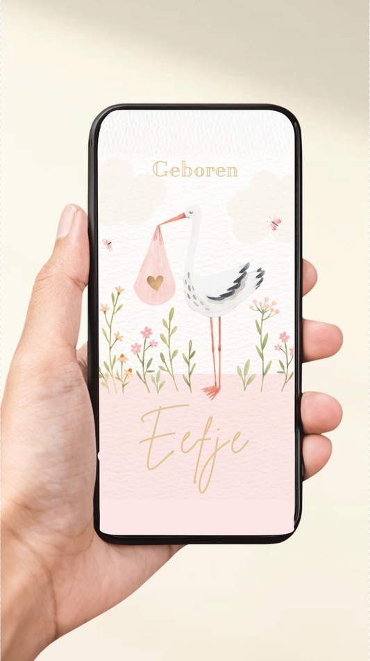 Digitaal geboortekaartje met bewegende beelden, gepersonaliseerd met naam en geboortedatum. Ideaal om te versturen via WattsAp of e-mail.