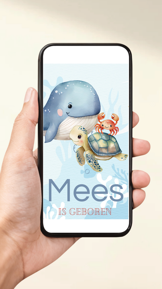Digitaal geboortekaartje, gepersonaliseerd met naam en geboortedatum.