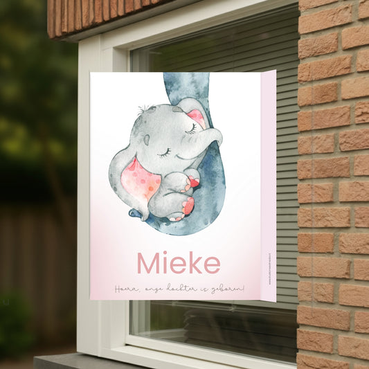Geboortebord voor op het raam met naam en de afbeelding van een schattig olifantje
