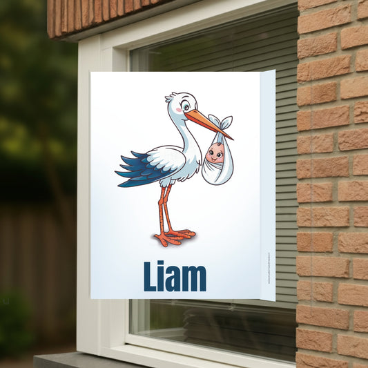 Geboortebord voor op het raam met naam en de afbeelding van een ooievaar.