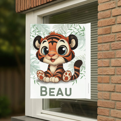 Geboortebord voor op het raam met naam en de afbeelding van een schattig tijgertje.