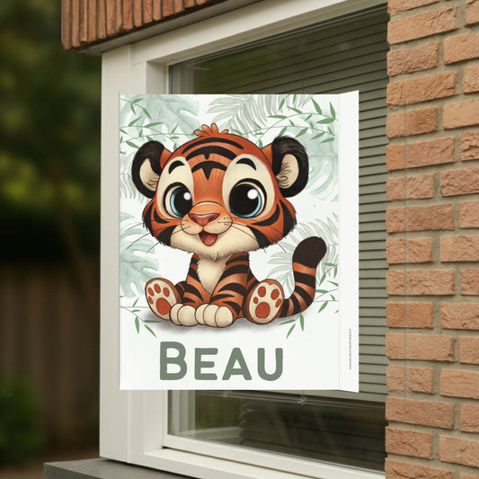 Geboortebord voor op het raam met naam en de afbeelding van een schattig tijgertje.