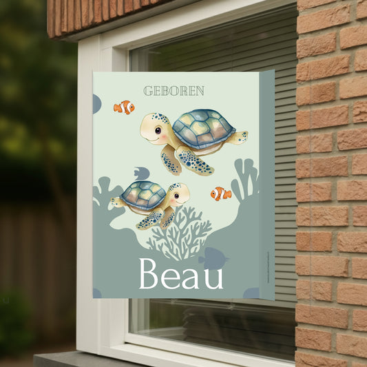Geboortebord voor op het raam met naam en de afbeelding van een schildad.