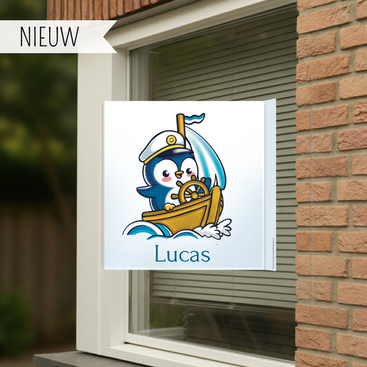 Geboortebord voor op het raam van een pinguin, gepersonaliseerd met naam