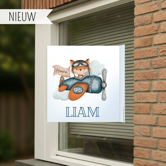 Geboortebord voor op het raam van een beertje in vliegtuig
