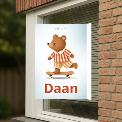 Beer op skateboard geboortebord voor op het raam gepersonaliseerd met  naam
