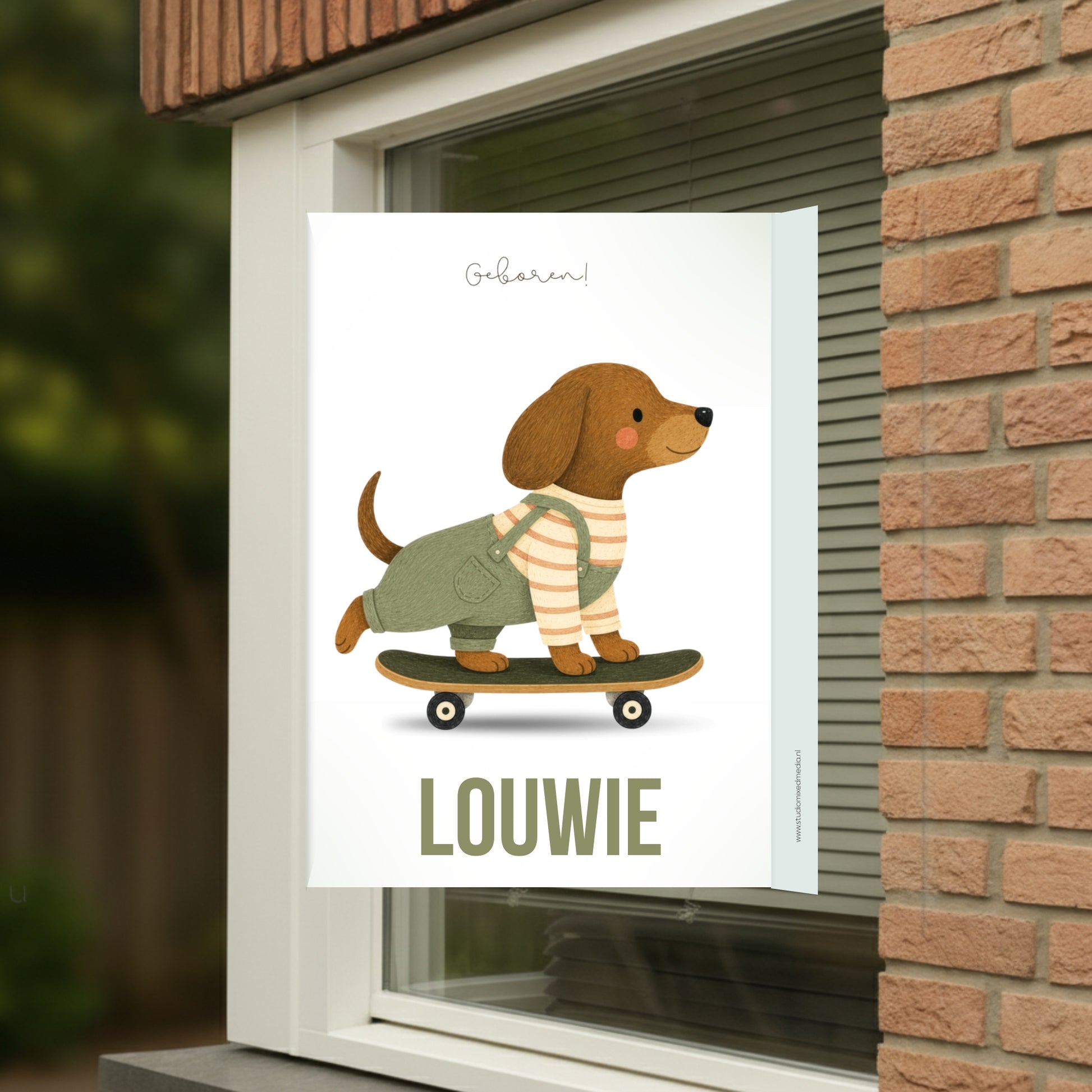 Geboortebord voor op het raam met naam en de afbeelding van een schattig roodborstje