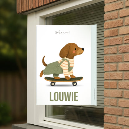 Geboortebord voor op het raam met naam en de afbeelding van een schattig roodborstje