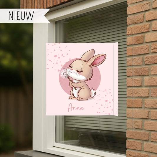 Geboortebord voor op het raam met de afbeelding van een konijn