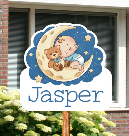Geboortebord voor in de tuin van een baby met teddy beer gepersonaliseerd met naam.
