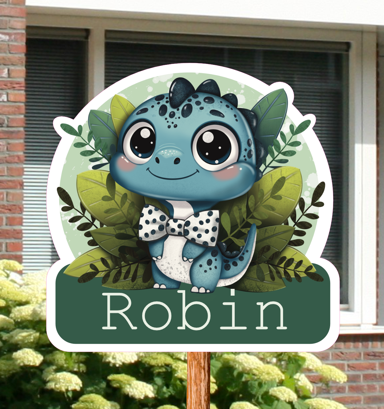 Geboortebord voor in de tuin met een schattige dino, gepersonaliseerd met naam