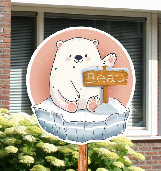 Geboortebord voor in de tuin met een ijsbeer, gepersonaliseerd met naam