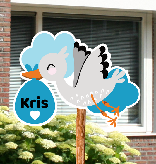 Geboortebord voor in de tuin van een ooievaar. Gepersonaliseerd met naam