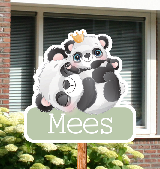 Geboortebord voor in de tuin met de afbeelding van een panda en pandababy panda