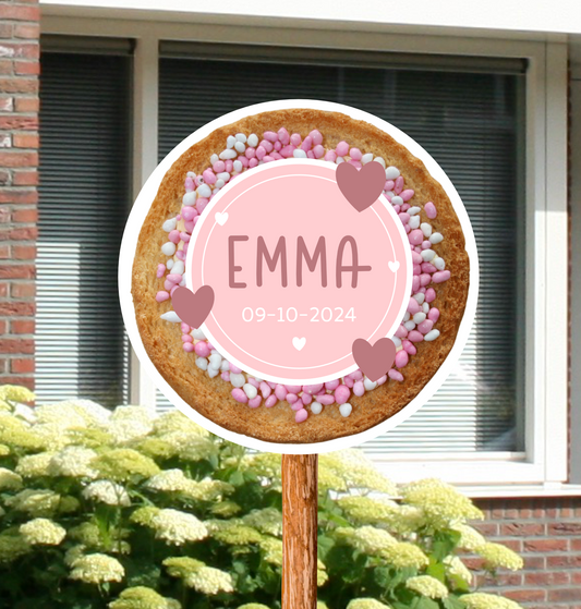 Geboortebord voor in de tuin van beschuit met muisjes gepersonaliseerd met naam en geboortedatum voor de geboorte van een  meisje