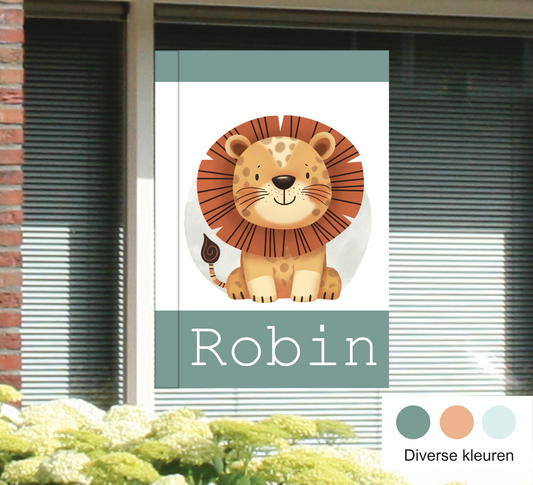 Geboortebord voor op het raam met naam en de afbeelding van een leeuw in het turquoise.