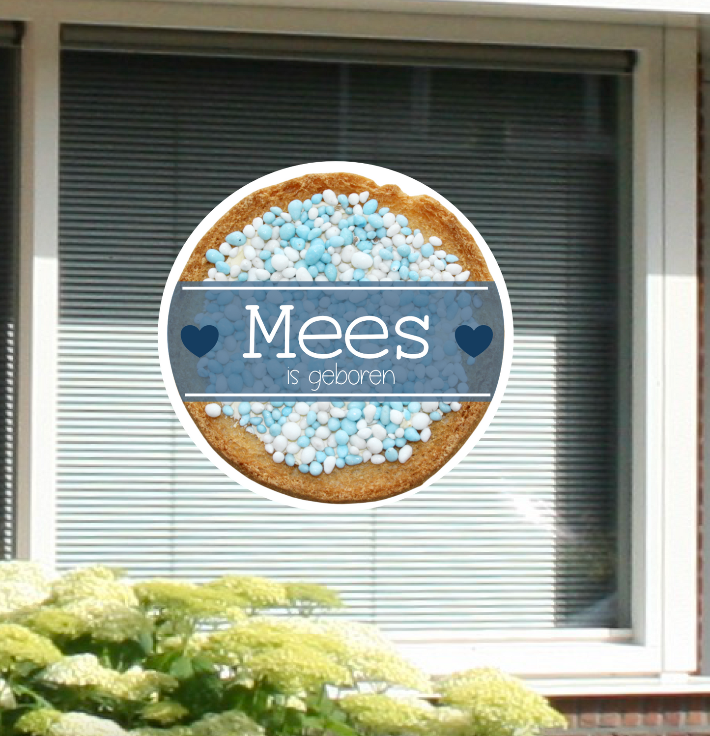 Geboortesticker van beschuit met muisjes gepersonaliseerd met naam en geboortedatum voor een jongen