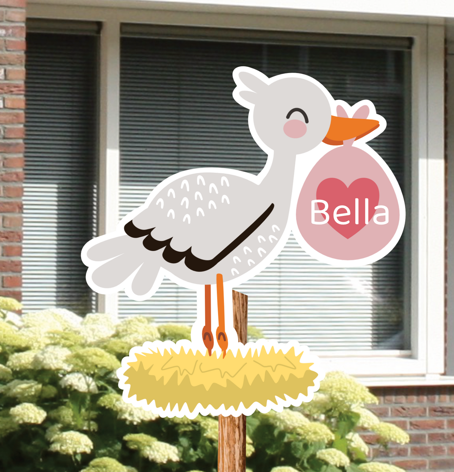 Schattig geboortebord voor in de tuin van een ooievaar, gepersonaliseerd met naam.