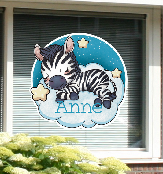 Geboortesticker met naam, en de illustratie van een zebra.