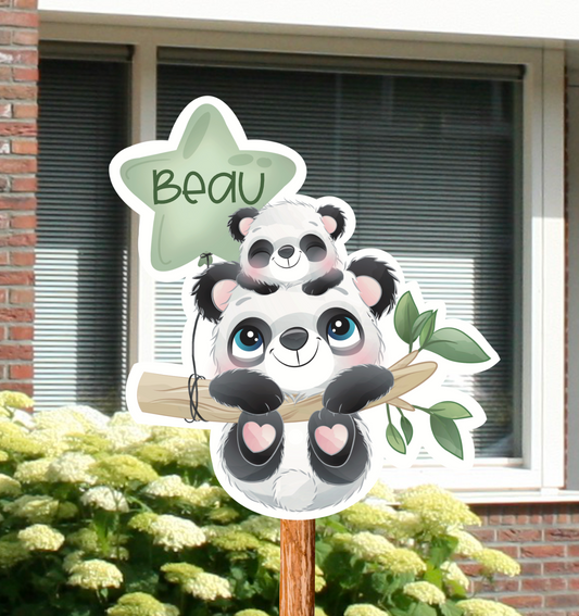 Geboortebord voor in de tuin van een panda met babypanda