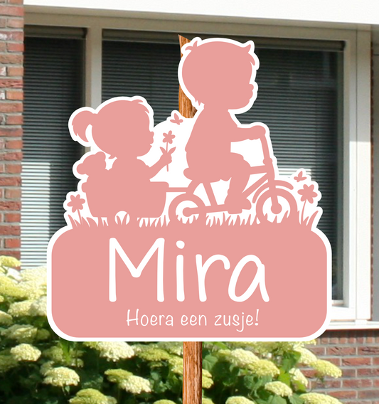 Geboortebord tuin | Silhouet broer met zusje (Special order)