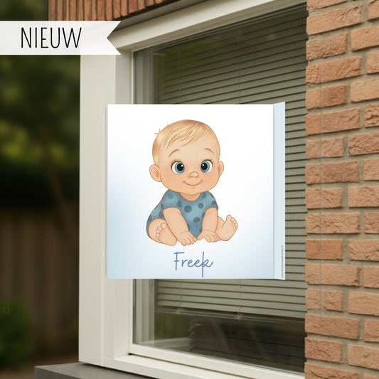 Geboortebord voor op het raam met naam en de afbeelding van een jongetje