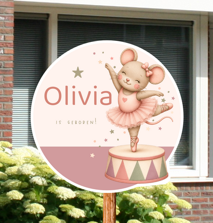 Rond geboortebord voor in de tuin gepersonaliseerd met naam en de afbeelding van een ballerina muisje