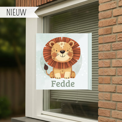 Geboortebord voor op het raam met de afbeelding van een leeuw