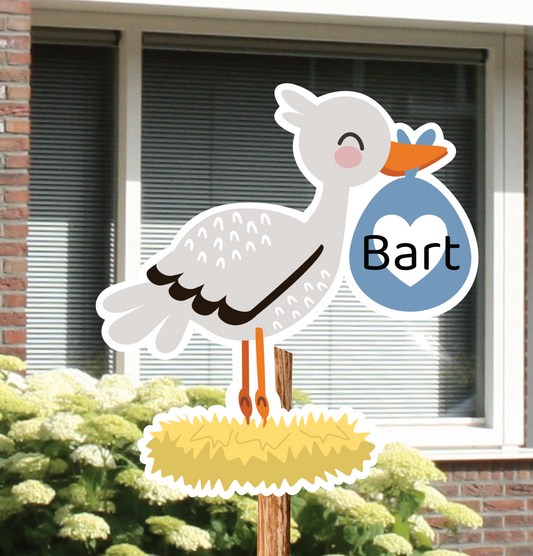 Geboortebord voor in de tuin van een Ooievaar met naam