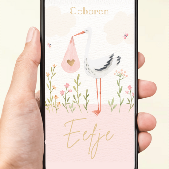 Digitaal geboortekaartje met bewegende beelden, gepersonaliseerd met naam en geboortedatum. Ideaal om te versturen via WattsAp of e-mail.